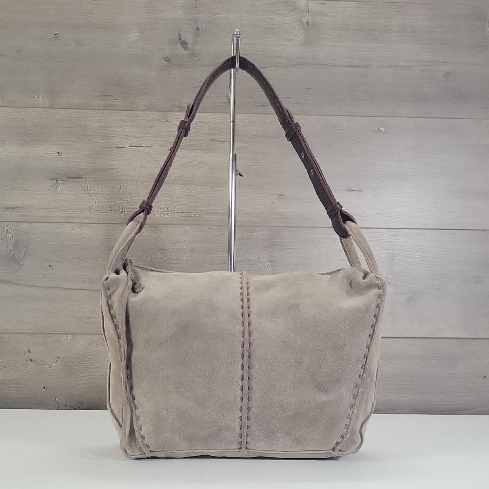 The Sak Los Feliz Suede Leather Shoulder Bag in Taupe with Dark Brown Strap